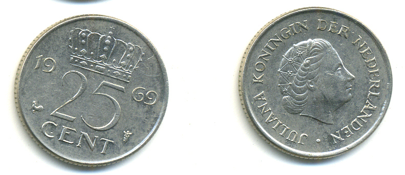 Нидерланды 25 центов 1969 Юлиана (1948-1980) KM 183 никель 83-1023