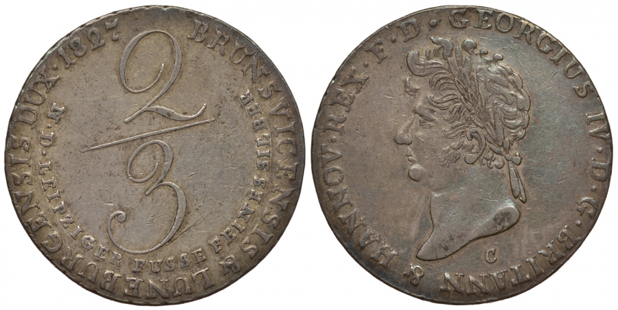 Ганновер 2/3 талера 1827 C, Георг IV (1820-1830) КМ 140 серебро 00-00-00