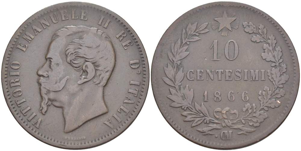ИТАЛИЯ 10 ЧЕНТЕЗИМО 1866 OM, МОНДВОР СТРАСБУРГ, ВИКТОР ЭММАНУИЛ II (1861-1878) KM 11.5 медь 4526-735