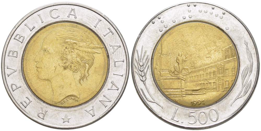 ИТАЛИЯ 500 ЛИР 1991 R KM 111 биметалл 4529-246