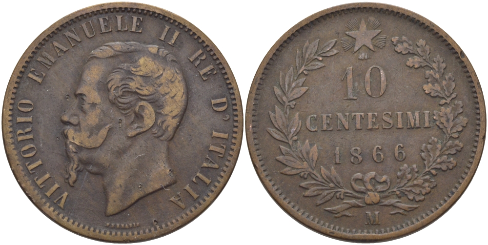 ИТАЛИЯ 10 ЧЕНТЕЗИМО 1866 М, ВИКТОР ЭММАНУИЛ II (1861-1878) KM 11.1 медь 97-1014