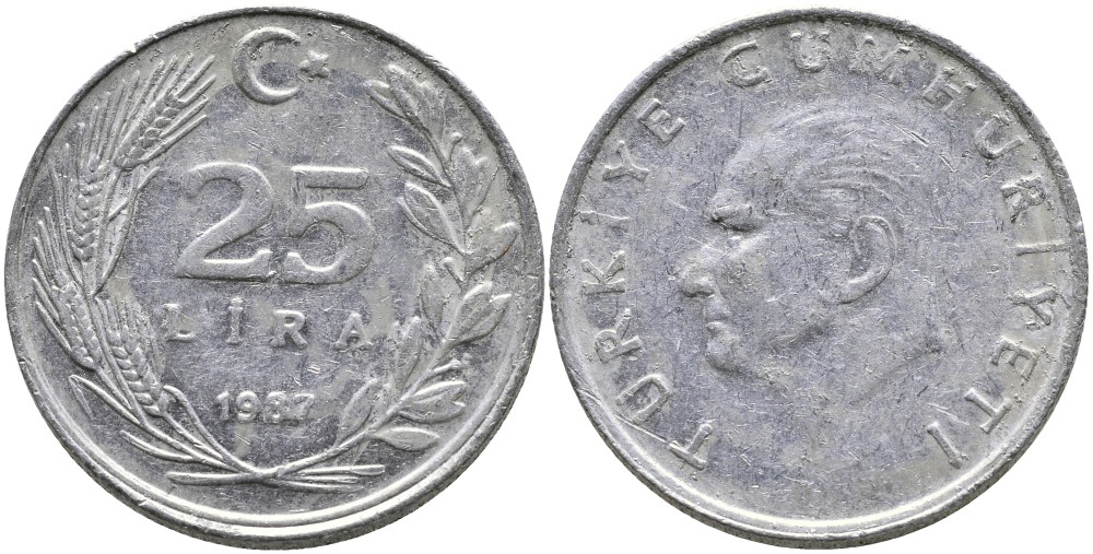 ТУРЦИЯ 25 ЛИР 1987 KM 975 алюминий 29-942