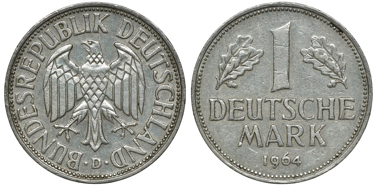 ФРГ 1 МАРКА 1964 D J 385, KM 110 медно-никель 72-731