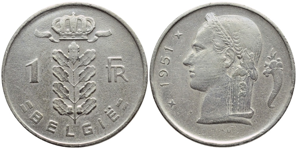 БЕЛЬГИЯ 1 ФРАНК 1951 BELGIE KM 143.1 медно-никель 4390-154