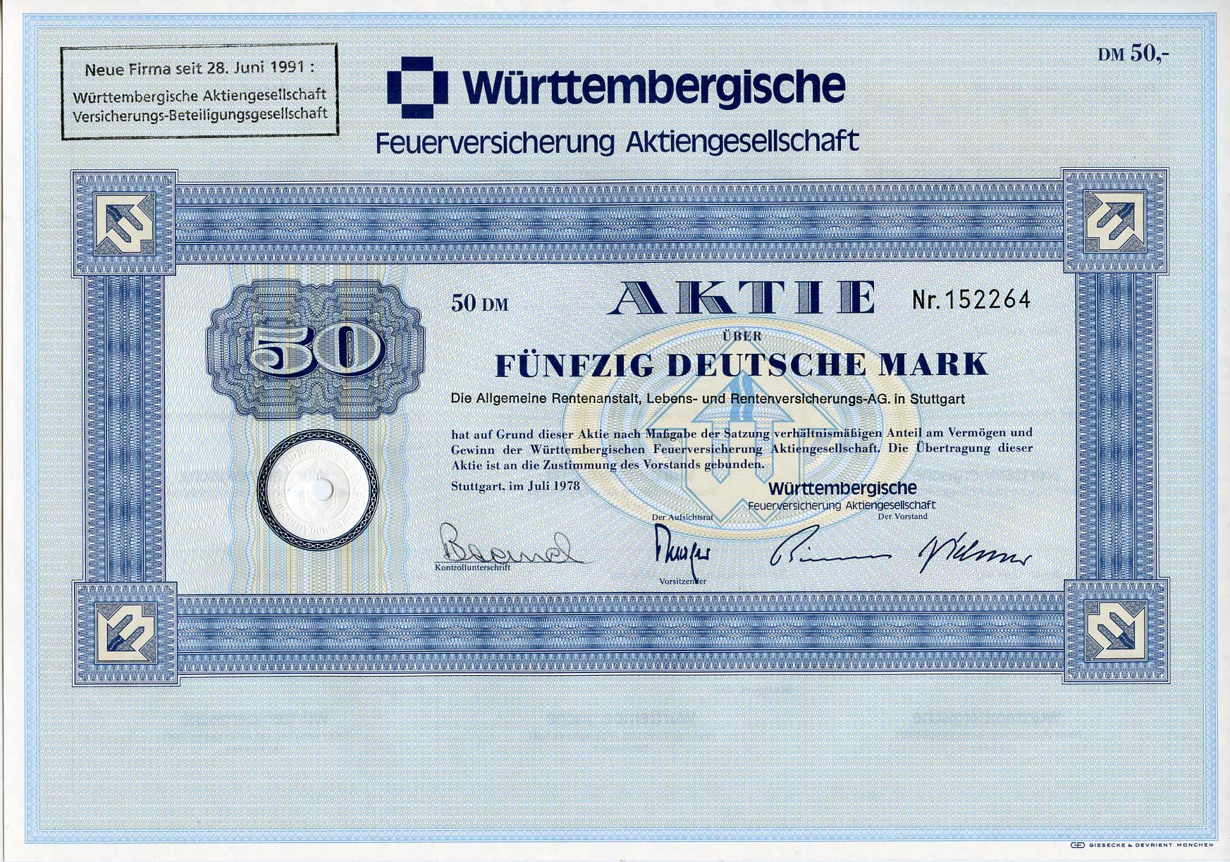 ФРГ 50 марок 1978 Акционерное общество по страхованию от пожаров Вюртемберга, акция   бумага   8803-94-1