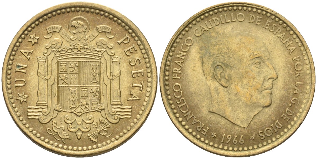 Испания 1 песета 1966 (71) Франсиско Франко (1939-1975) KM 796 алюминиевая бронза 4604-411