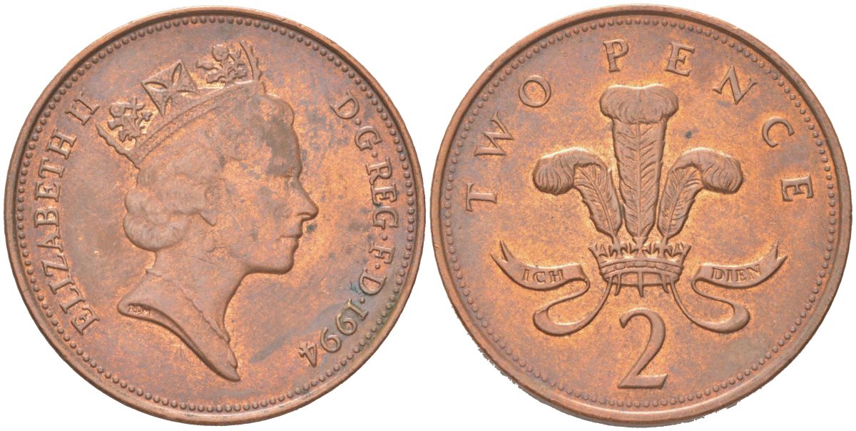 Великобритания 2 пенни 1994 Елизавета II (1952-2022) KM 936a, Spink C4 сталь плакированная медью 4128-312