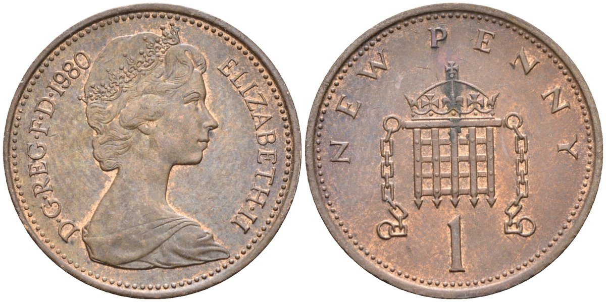 Великобритания 1 пенни 1980 Елизавета II (1952-2022) KM 915, Spink 4237 (B1) бронза 4585-911