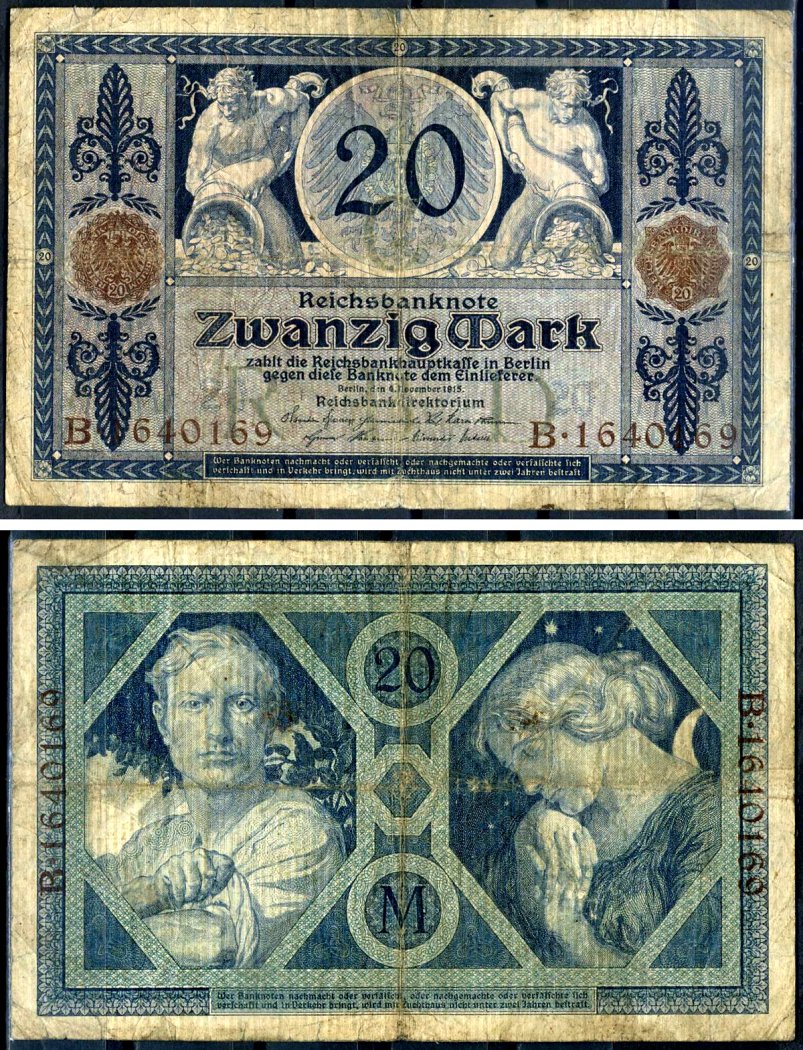 Германия 20 марок 1915 Pick 63 бумага 8617-34-1-2