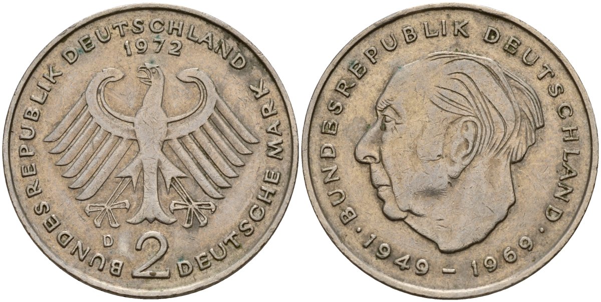 ФРГ 2 марки 1972 D, Конрад Аденауэр KM 124, J. 406 медно-никель плакированный никелем 4159-1216