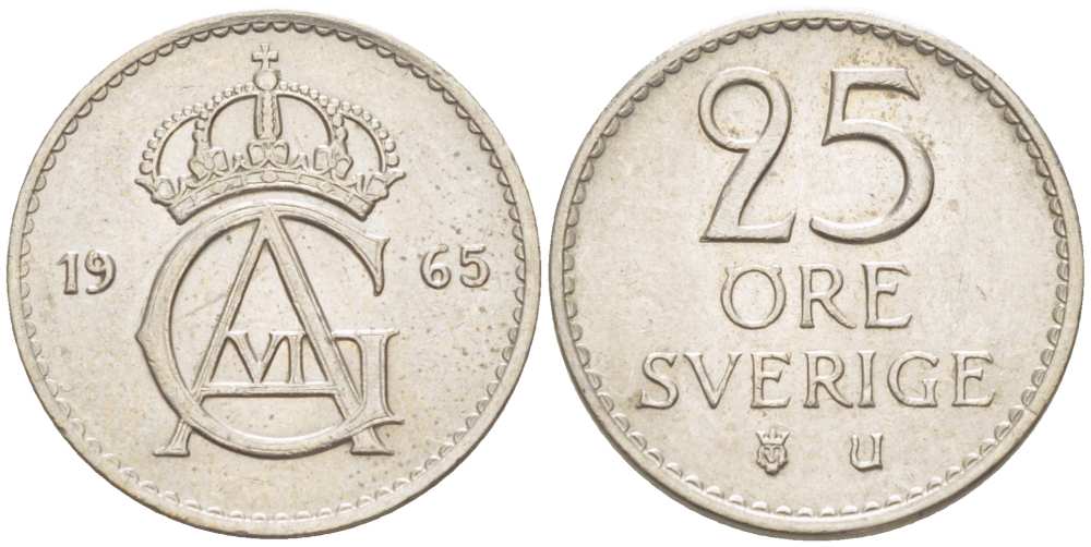 Швеция 25 эре 1965 U, Густав VI Адольф (1950-1973) KM 836 медно-никель 4516-462