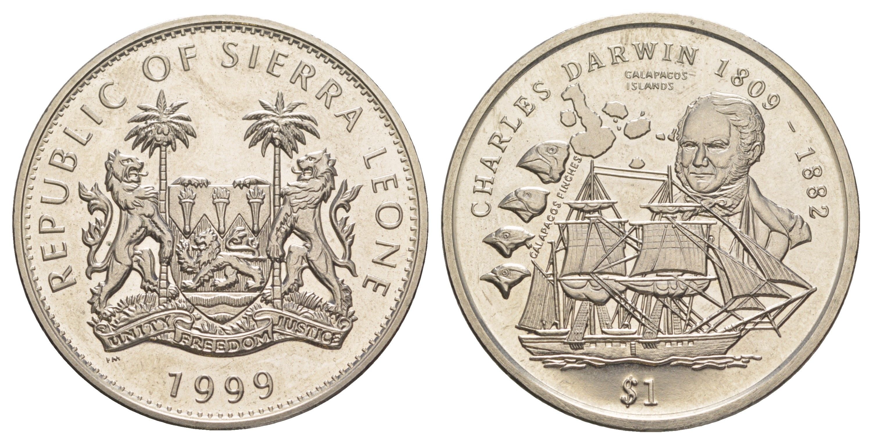 Сьерра-Леоне 1 доллар 1999 Чарльз Дарвин KM 115 медно-никель BU 1082-6-24