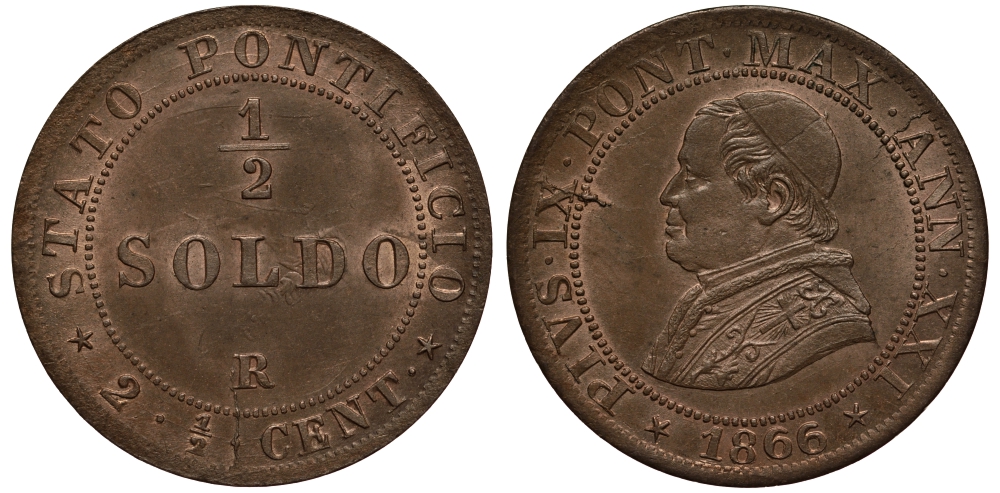 Ватикан 1/2 сольдо - 2 1/2 чентезимо 1866 R, год XXI, папа Пий IX (1846-1878), раскол штемпеля KM 1371 (C181) медь UNC 00-817-22