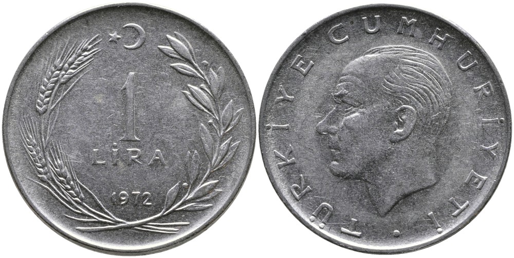 Турция 1 лира 1972 Мустафа Кемаль Ататюрк KM 889а.2 нержавеющая сталь 4364-3512