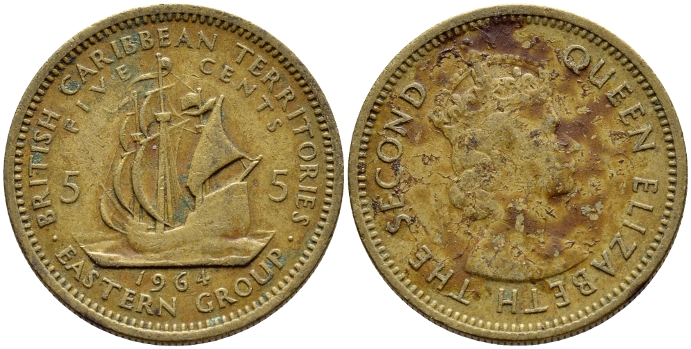 Британские Восточно-Карибские территории 5 центов 1964 Елизавета II (1952-2022), парусник KM 4 никель латунь 4391-935