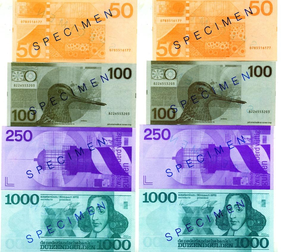 НИДЕРЛАНДЫ НАБОР ИЗ 4 БАНКНОТ ND (50, 100, 250, 1000 ГУЛЬДЕНОВ) SPECIMEN бумага UNC (ПРЕСС) 7146-62-2-2