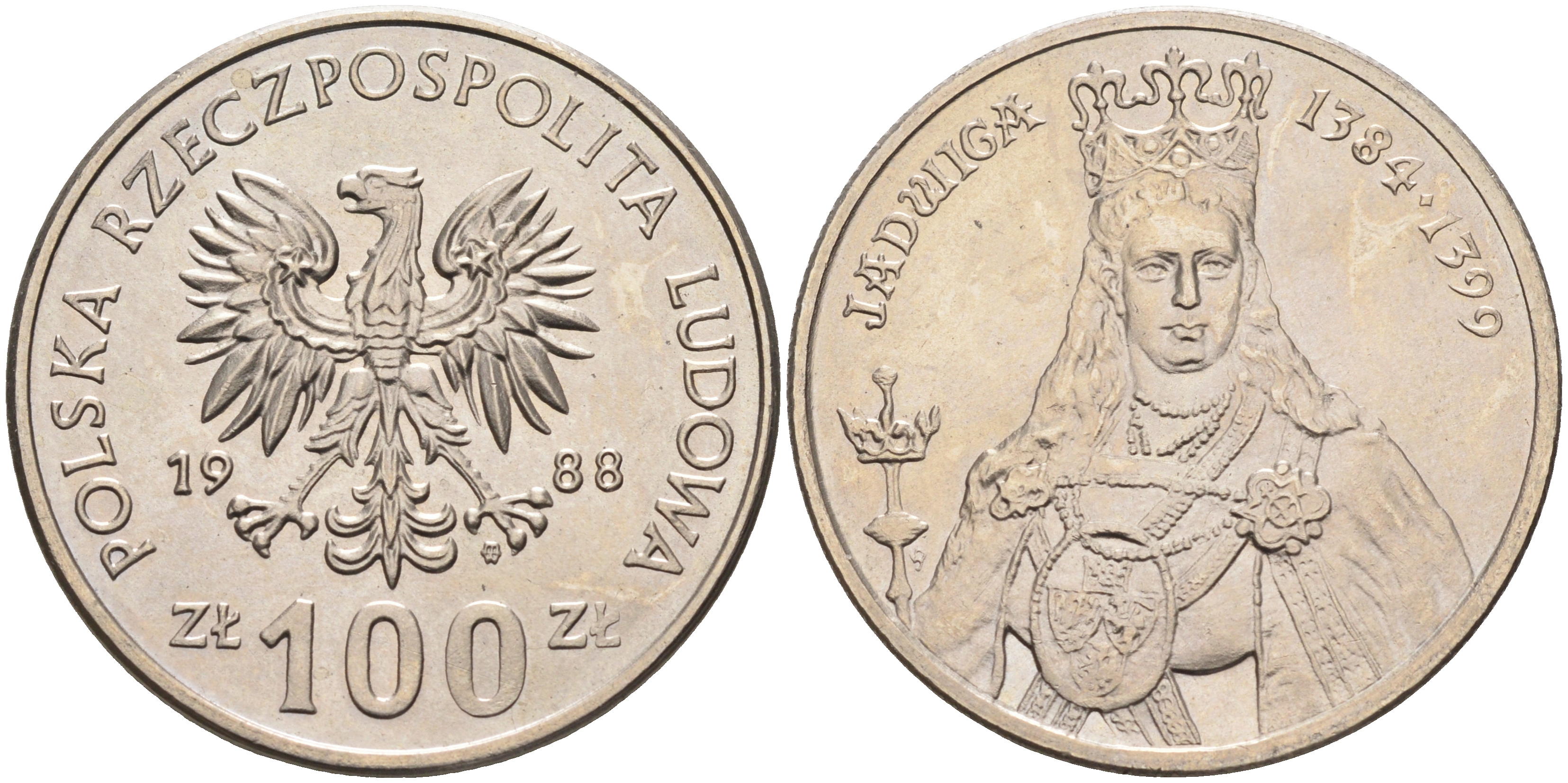 Польша 100 злотых 1988 MW, серия Польские правители, королева Ядвига (1384-1399) KM 183 медно-никель  UNC  4149-243