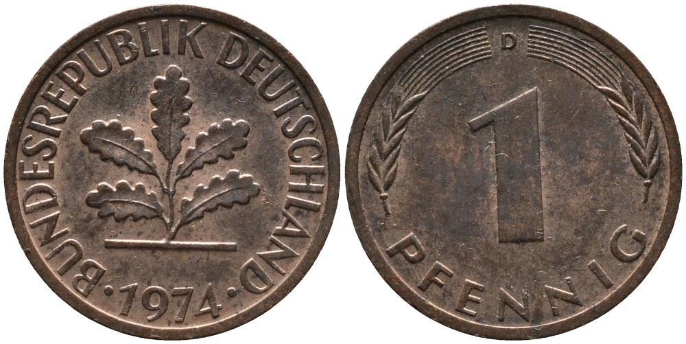 ФРГ 1 пфенниг 1974 D KM 105, J.380 сталь плакированная медью 99-326