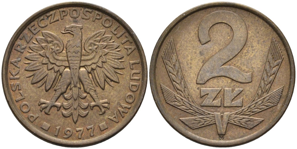 Польша 2 злотых 1977 монетный двор Ленинград (ЛМД) KM 80.1, Parchimowicz 217c латунь 4580-734