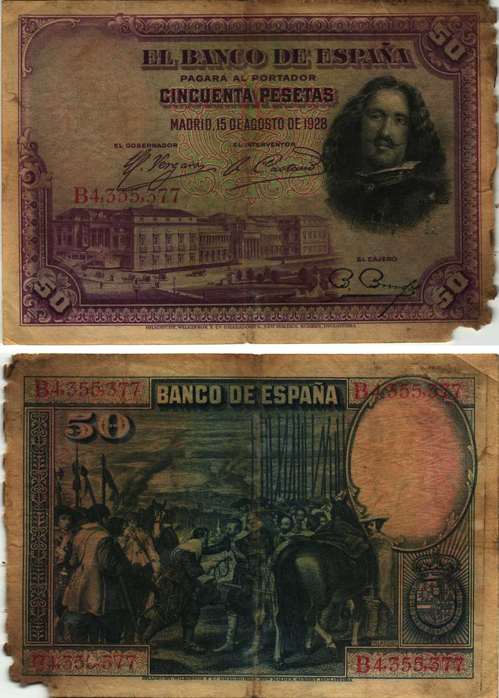 Испания 50 песет 1928 Диего Веласкес, музей Прадо в Мадриде, серия B Pick 75 b бумага 8609-30-1-2