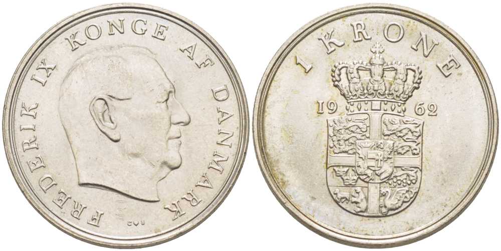 ДАНИЯ 1 КРОНА 1962 C;S, ФРЕДЕРИК IX (1947-1972) KM 851.1 медно-никель 202-757