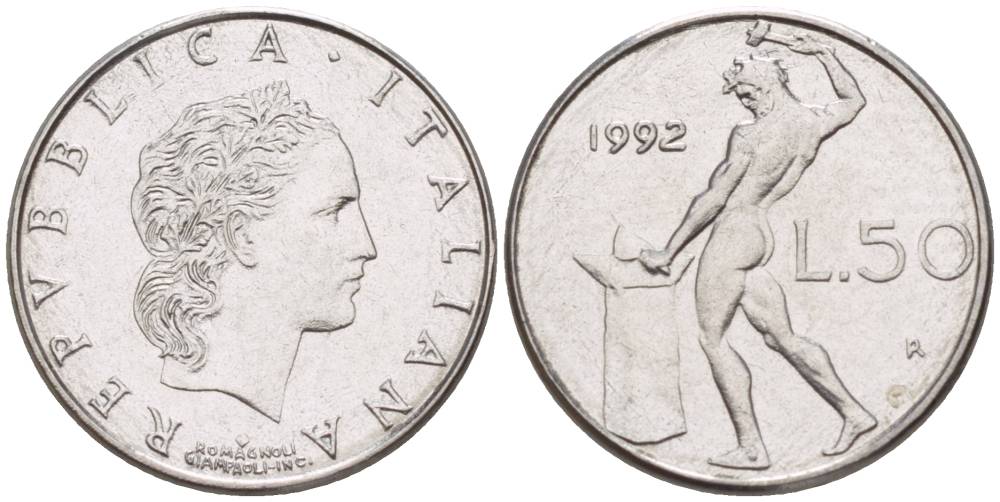 ИТАЛИЯ 50 ЛИР 1992 R, БОГ ОГНЯ ВУЛКАН У НАКОВАЛЬНИ, ДИАМЕТР 17 ММ. KM 95.2 нержавеющая сталь 4551-425