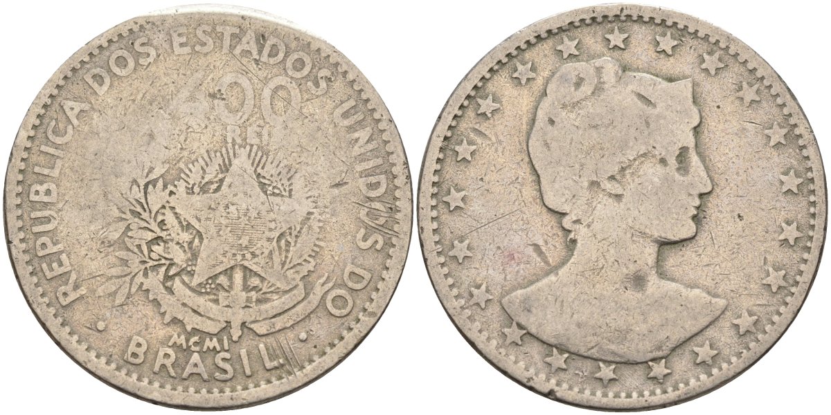 Бразилия 400 рейс 1901 голова свободы вправо KM 505 медно-никель 4367-142