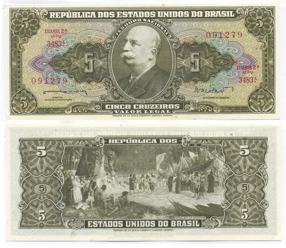 БРАЗИЛИЯ 5 КРУЗЕЙРО 1962 ESTAMPA 2A, СЕРИЯ 3483А, БАРАО ДО РИО БРАНКО Pick 176а бумага UNC (ПРЕСС) 8595-32-3-1