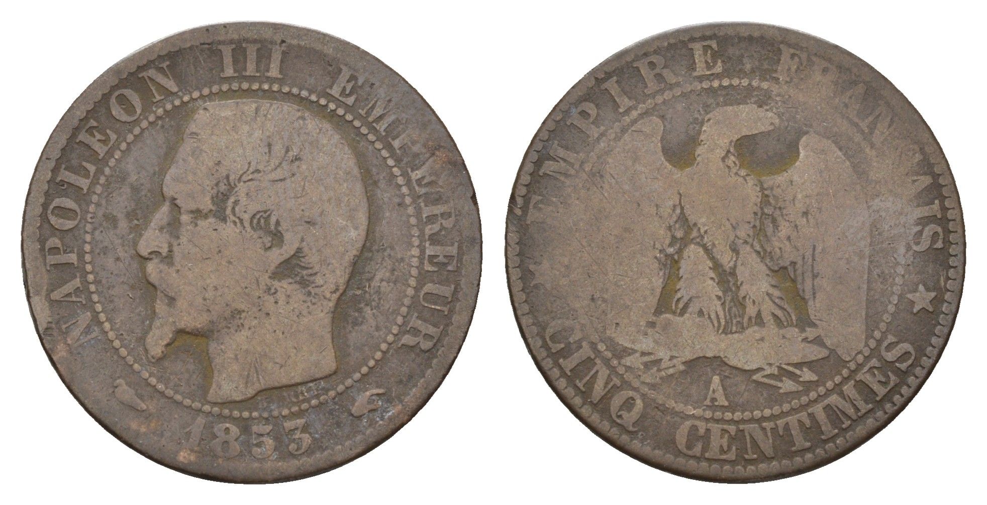 Франция 5 сантимов 1853-1857 A, Наполеон III (1852-1870) KM 777 бронза 36-316