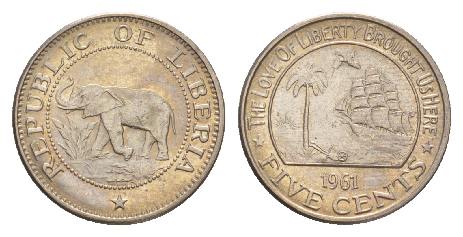 Либерия 5 центов 1961  KM 14 медно-никель  aUNC  4659-435