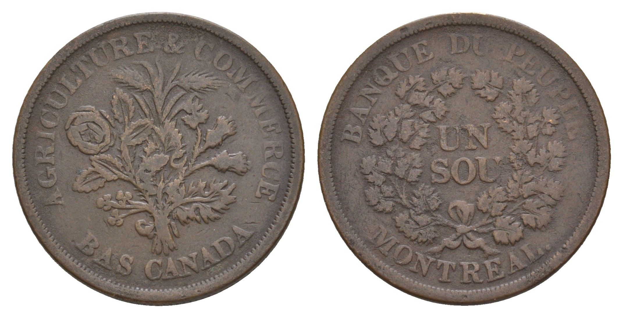 Канада, Нижняя Канада банковский токен 1 су (1/2 пенни) ND (1838) Banque du peuple (народный банк), Монреаль CCT LC-5A, KM Tn4 медь 1518-1313