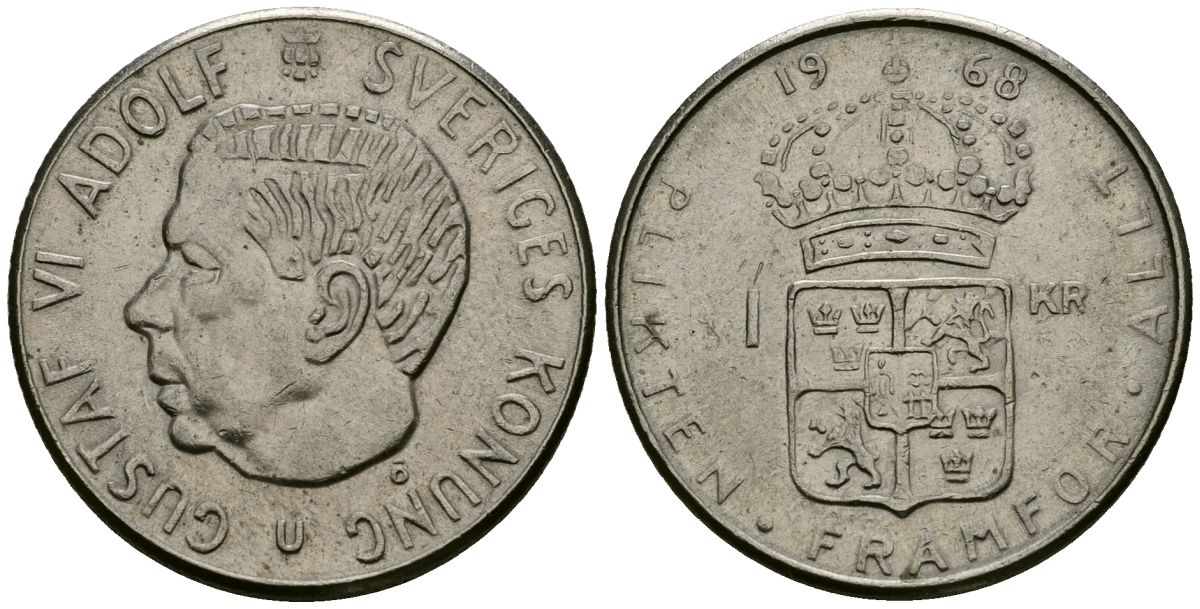 Швеция 1 крона 1968 Густав VI Адольф (1950-1973) KM 826a медь плакированная медно-никелем 4138-824