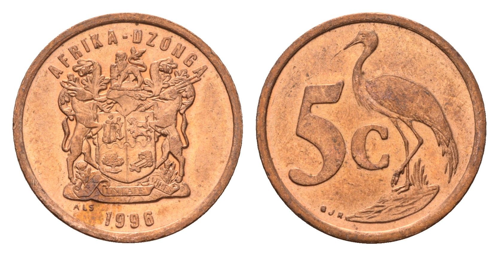 ЮАР 5 центов 1996 герб, райский журавль KM 160 сталь плакированная медью UNC 4687-213