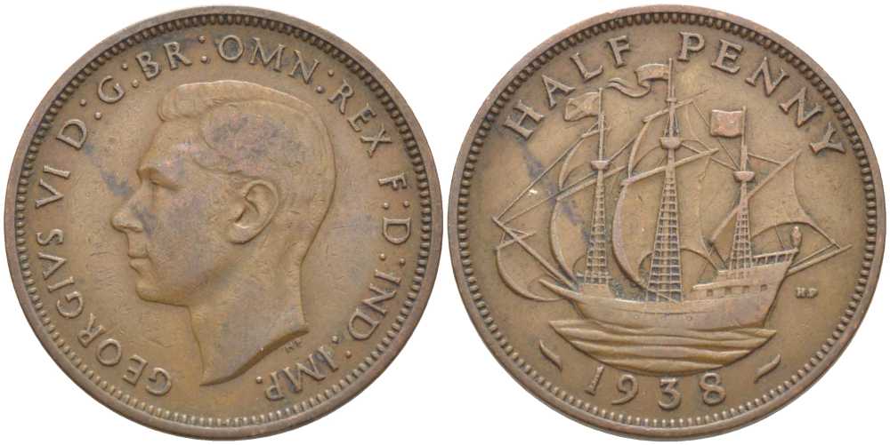 Великобритания 1/2 пенни 1938 Георг VI (1936-1952) KM 844, Spink 4115 бронза 110-413