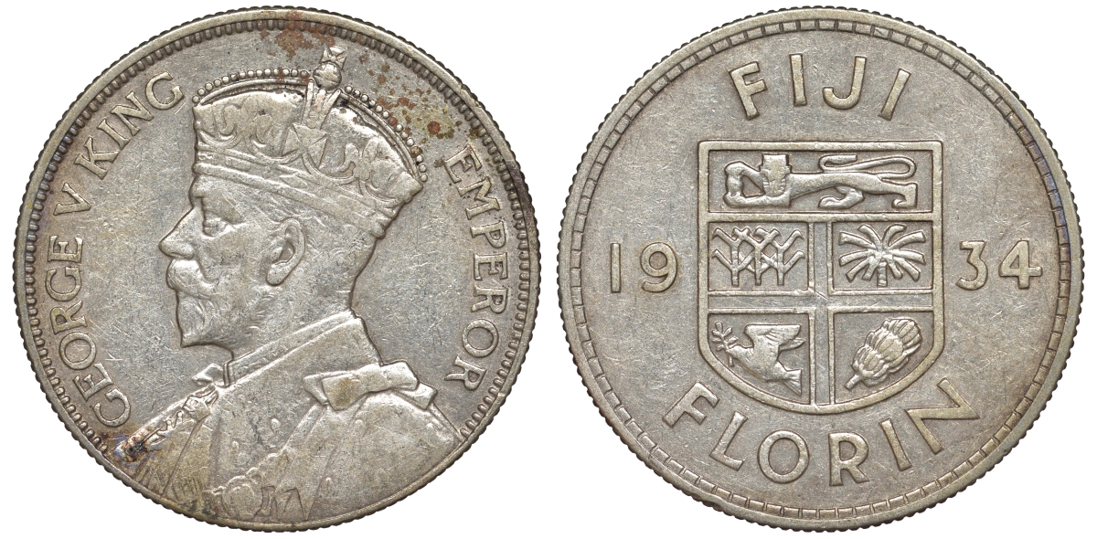 Фиджи 1 флорин 1934 Георг V (1910-1936), герб Фиджи KM 5 серебро 91-1221