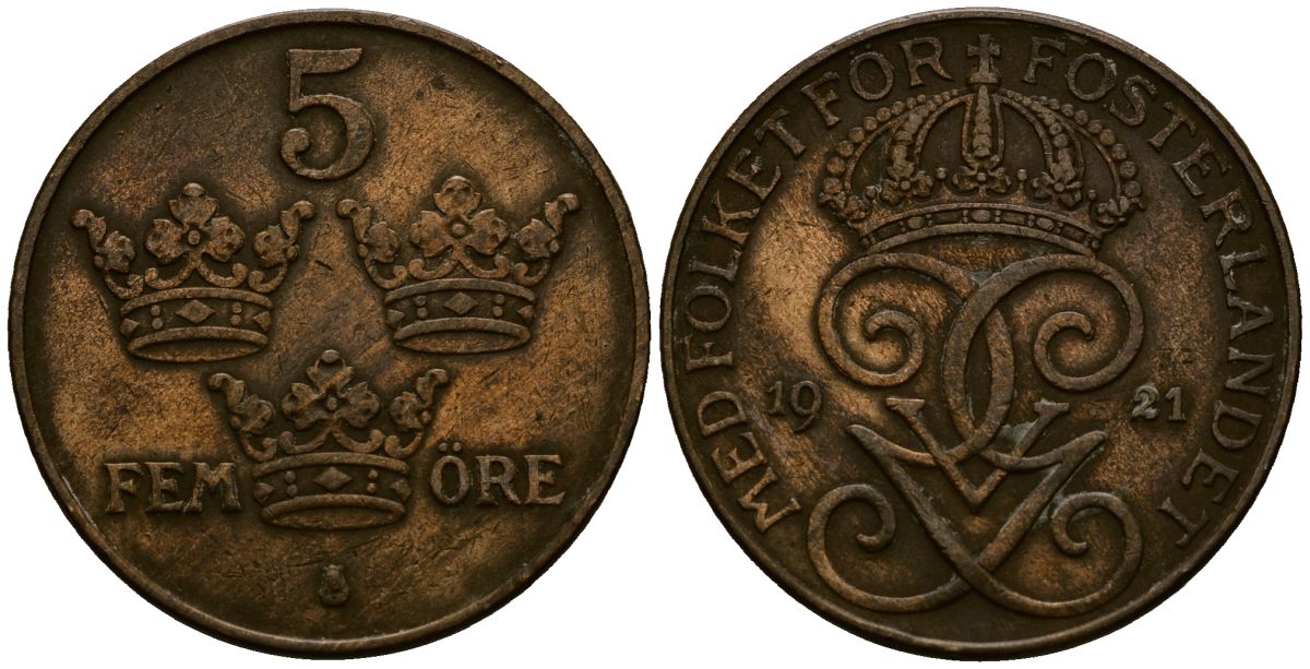 Швеция 5 эре 1921 Густав V (1907-1950) KM 779.2 бронза 4168-1024