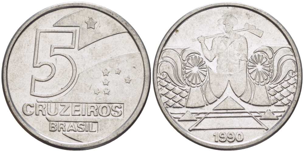 Бразилия 5 крузейро 1990 фермер KM 618.1 нержавеющая сталь 3457-836