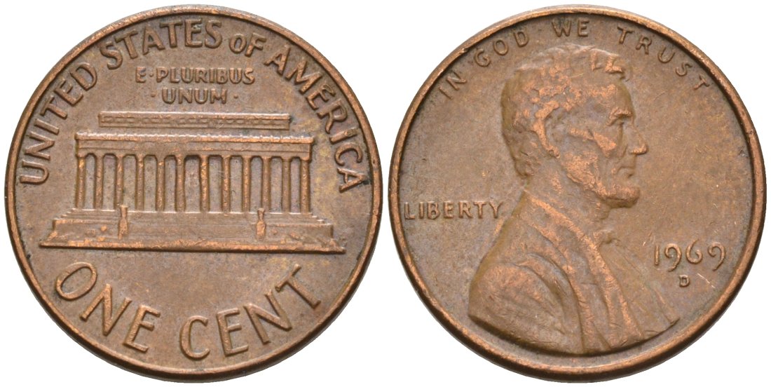 США 1 цент 1969 D, Линкольн KM 201 медь цинк 4564-455