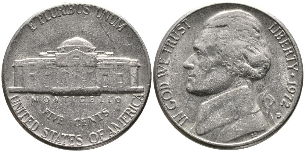 США 5 ЦЕНТОВ 1972 D, ДЖЕФФЕРСОН KM А192 медно-никель 3336-646