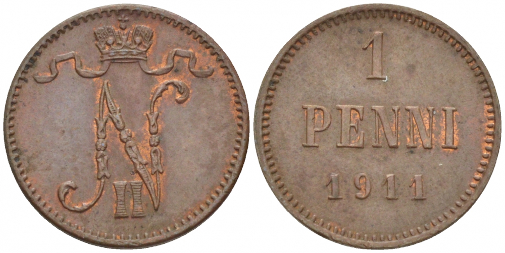 Россия для Финляндии 1 пенни 1911 Николай II (1894-1917) KM 13, Биткин 471 медь 4396-1354
