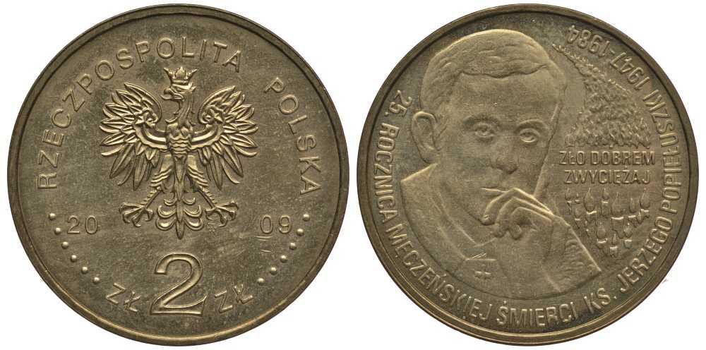 Польша 2 злотых 2009 MW, 25 лет со дня убийства Ежи Попелушко (1947-1984) KM 700 нордик 114-436
