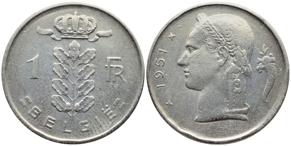 БЕЛЬГИЯ 1 ФРАНК 1951 BELGIE KM 143.1 медно-никель 4390-333