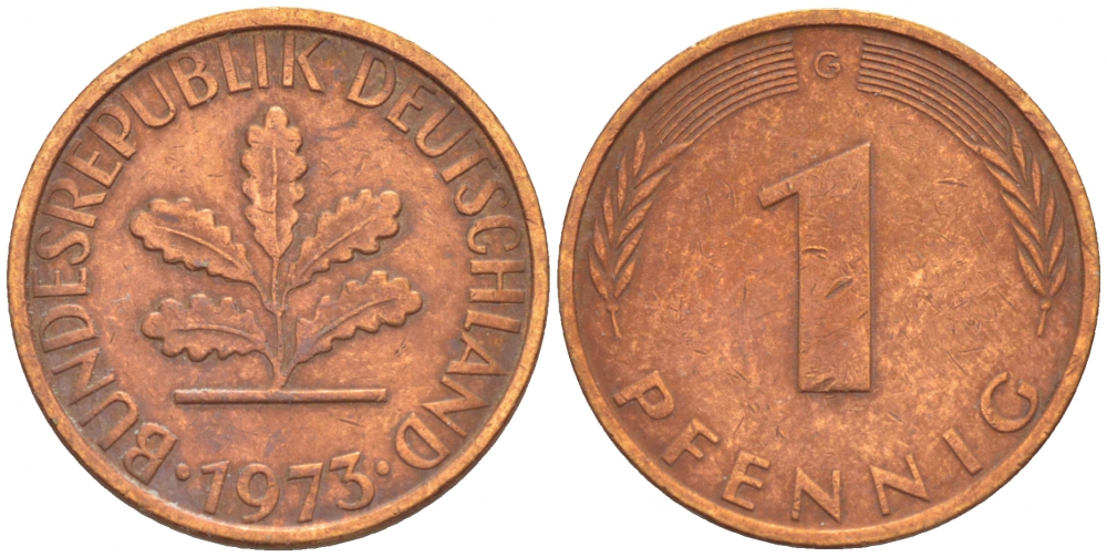 ФРГ 1 ПФЕННИГ 1973 G KM 105, J.380 сталь плакированная медью 4396-1523