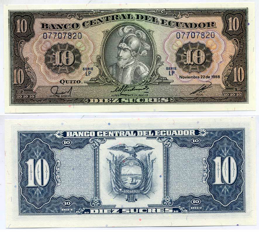 ЭКВАДОР 10 СУКРЕ 1988 Pick 121 бумага UNC (ПРЕСС) 6317-49-4