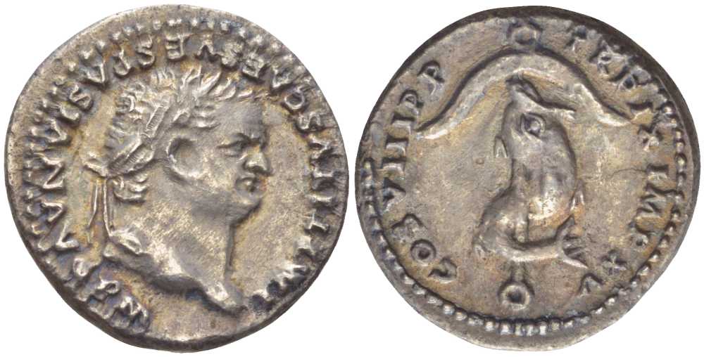 Римская Империя денарий 80 Тит, IMP TITVS CAES VESPASIAN AVG P M голова императора, обращенная вправо / TR P IX IMP XV COS VIII P P дельфин, обвивающий якорь, Рим, about Extremely fine , 3,00 гр RIC 112 серебро 00-000-00