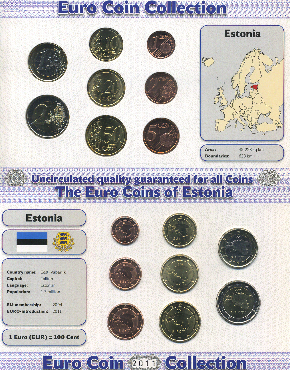 Эстония евронабор из 8 монет 2011 1, 2, 5, 10, 20, 50 евроцентов, 1 и 2 евро, в картонном буклете биметалл UNC 00-00