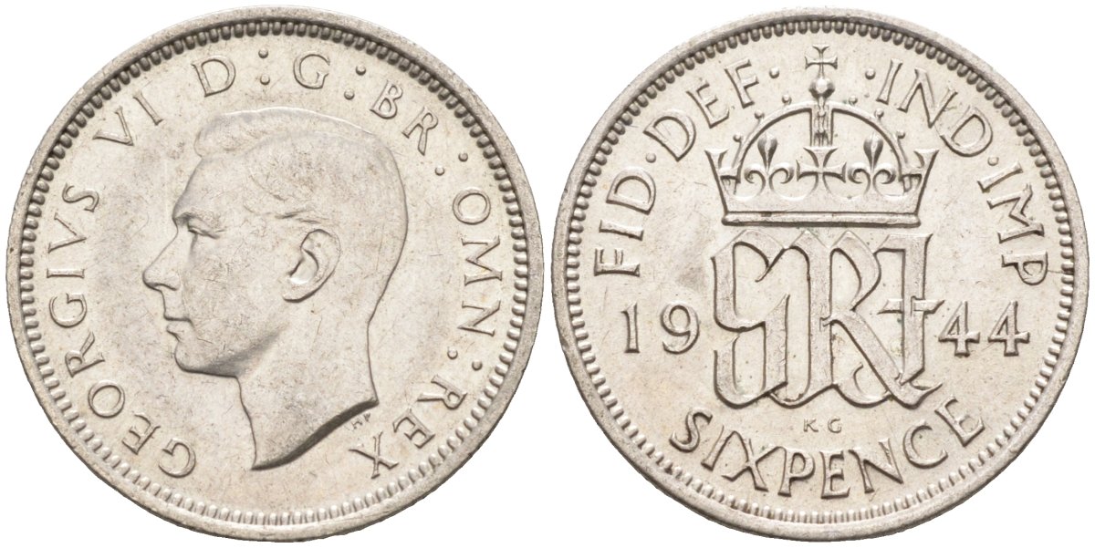 Великобритания 6 пенсов 1944 Георг VI (1936-1952) KM 852, Spink 4084 серебро аUNC 4585-227