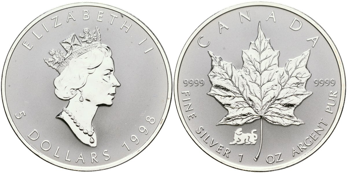 Канада 5 долларов 1993 кленовый лист KM 187 серебро UNC 1080-8-12