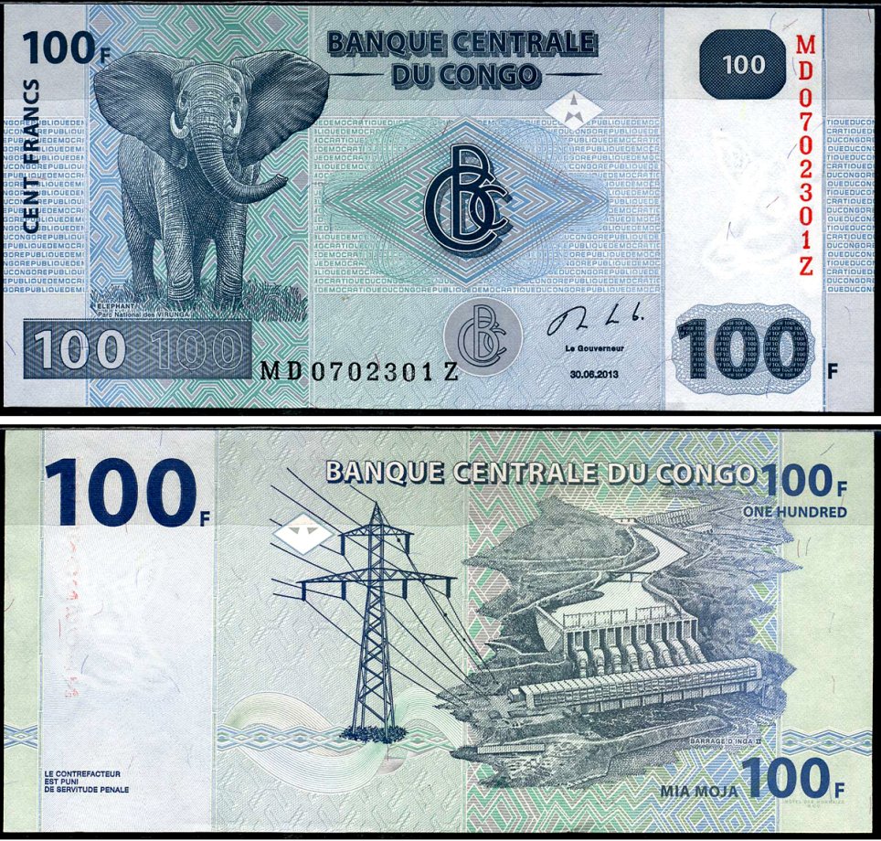 ДР Конго 100 франков 2013 слон, гидроэлектростанция "Инга II" Pick 98 b бумага UNC (пресс) 7221-38-3-1