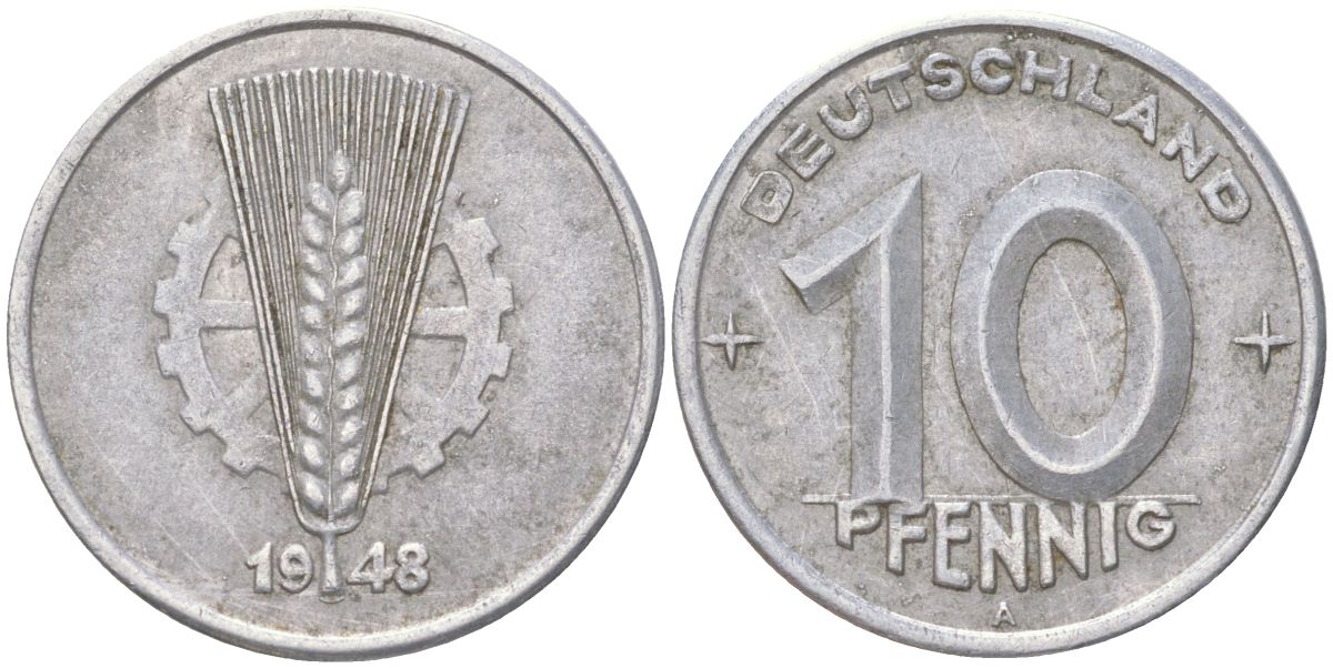 ГДР 10 пфеннигов 1948 A KM 3 алюминий 4613-947